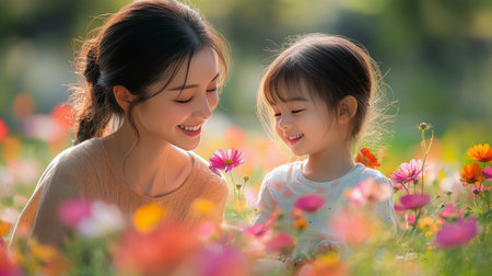 A woman with curly hair and a straw hat smiles joyfully while surrounded by colorful marigold flowers on a sunny day in a beautiful garden setting.の素材