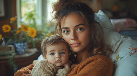 A woman sits in a hospital bed, holding her newborn baby close. She kisses the baby gently, capturing a tender moment of bonding in a quiet, soothing environment.の素材