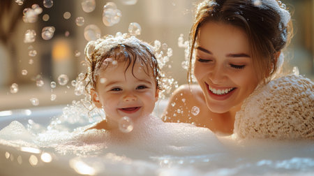 A mother and her young child are playing in a bubbly bath, surrounded by floating soap bubbles. They share cheerful smiles in a warm and inviting atmosphere.の素材