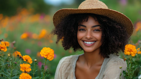 A woman with curly hair and a straw hat smiles joyfully while surrounded by colorful marigold flowers on a sunny day in a beautiful garden setting.の素材