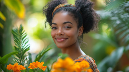 A smiling mother holds her baby in a vibrant garden filled with greenery and colorful flowers. Both wear matching outfits, creating a joyful atmosphere of love and connection.の素材