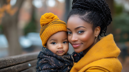 A mother sits on a bench in a park, warmly dressed, holding her young child. The scene is framed by autumn leaves and trees, capturing a tender moment of connection.の素材