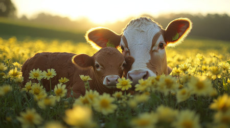 Two cows relax in a meadow filled with vibrant yellow flowers, basking in the warm glow of the setting sun, creating a peaceful rural atmosphere.の素材