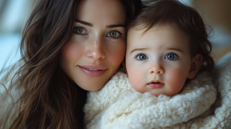 A mother reads a book while holding her young child in a warm, sunny living room. Soft textures and greenery create a comforting atmosphere for bonding.の素材