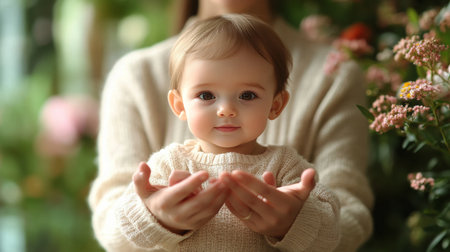 A peaceful baby lies on a bed of daisies, smiling softly while being cradled by nurturing hands. The bright flowers and warm sunlight create a tranquil atmosphere.の素材