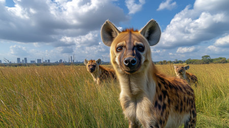 A group of hyenas can be seen in a tall grassland during sunset. The warm hues of the sky contrast with their fur as they explore their environment.の素材