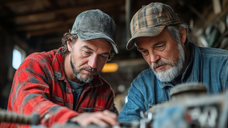Two smiling farmers pose together in a rustic barn, wearing work clothes and caps. The warm afternoon light highlights their friendly expressions and the farm environment.の素材
