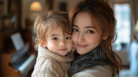 A mother holds her young child close, both smiling warmly. They are in a warmly decorated room with soft lighting, creating a comforting and intimate atmosphere on a winter afternoon.の素材