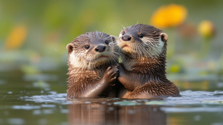 Two otters engage in playful behavior, showing affection as they float together in the water surrounded by ripples on a bright, sunny day.の素材