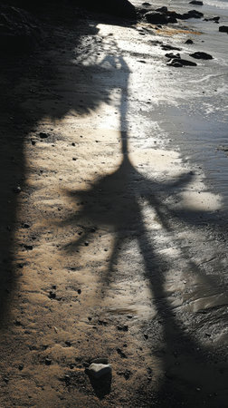 A palm tree casts a striking shadow on the sand, the sun setting in the background enhances the warm tones of the beach, creating a tranquil atmosphere.の素材