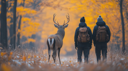 Two hunters stand in a scenic forest, captivated by a magnificent buck with impressive antlers. The vibrant autumn foliage sets a picturesque backdrop.の素材