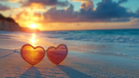 Heart-shaped sunglasses sit on the sandy shore as the sun sets over the ocean. The vibrant colors in the sky reflect in the lenses, creating a romantic atmosphere.の素材