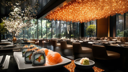 Delicious sushi rolls filled with fresh salmon and rice, beautifully presented on a dark plate. Accompanied by wasabi and garnished with chopped herbs, the dish invites culinary delight.の素材