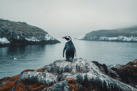 A penguin perches on a rocky ledge overlooking tranquil waters, with snow-capped mountains rising in the distance under a cloudy sky.の素材