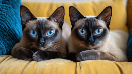 Two Siamese cats with striking blue eyes are lounging side by side on an ornate vintage couch. The warm hue of the velvet fabric enhances the cozy atmosphere of the room.の素材