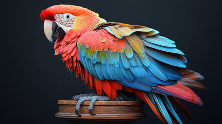 A vibrant parrot with red, blue, and yellow feathers stands on a wooden post, its bright colors contrasting with the dark background, showing its uniqueness and beauty.の素材