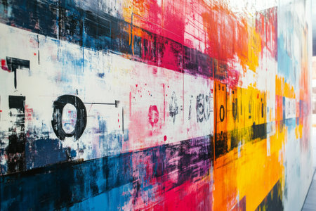 A large abstract wall art installation fills an urban space with vibrant colors and dynamic patterns. The interplay of textures creates a lively atmosphere, inviting viewers to explore.の素材