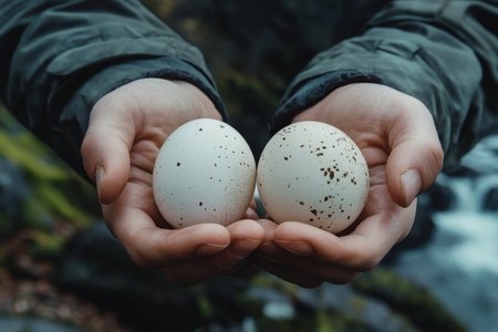 Two hands gently cradle two eggs with speckled and smooth surfaces in a lush, green environment near a flowing river in daylight.の素材