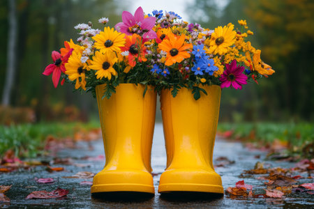 Bright yellow rubber boots stand on display, overflowing with a variety of flowers in multiple colors. Surrounding them are pots of blooming plants, creating a cheerful garden atmosphere.の素材