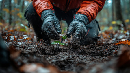 A person wearing gloves carefully plants a small sapling into the moist soil, surrounded by green moss and rocks. This activity supports environmental conservation efforts.の素材