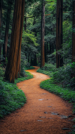 A winding dirt path leads through a dense forest filled with towering trees and vibrant greenery, illuminated by soft sunlight filtering through the leaves.の素材