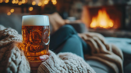 A person enjoys a cold beer while seated comfortably in a cozy lounge. The ambient lighting enhances the relaxed atmosphere, inviting conversation and warmth.の素材