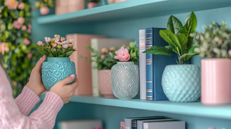 A woman carefully arranges potted plants on wooden shelves in a bright indoor garden. Various green foliage and colorful flowers create a vibrant atmosphere, showing her love for gardening.の素材