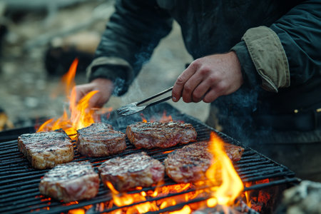 Thick cuts of marbled steak sizzle on a grill, surrounded by vibrant flames. The outdoor barbecue showcases a communal cooking experience, evoking warmth and togetherness.の素材