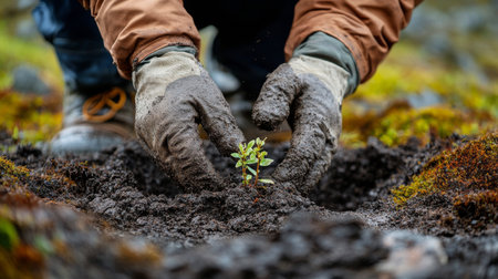 A person wearing gloves carefully plants a small sapling into the moist soil, surrounded by green moss and rocks. This activity supports environmental conservation efforts.の素材