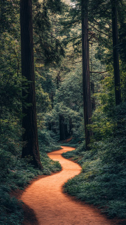 A winding dirt path leads through a dense forest filled with towering trees and vibrant greenery, illuminated by soft sunlight filtering through the leaves.の素材