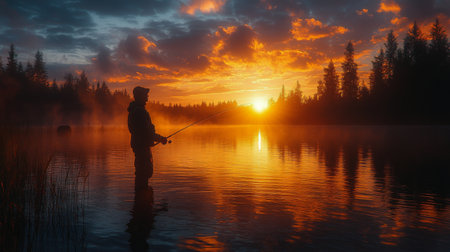 A person stands in calm waters casting a fishing line during sunset. The golden sun sets behind trees, creating a tranquil, misty ambiance. This scene captures the essence of outdoor leisure.の素材