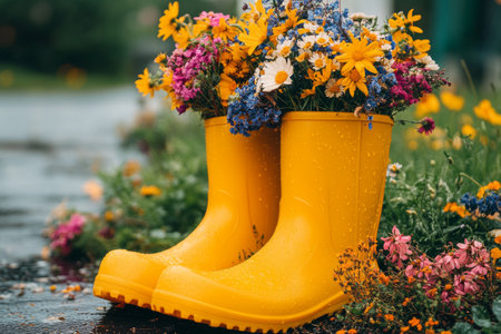 Bright yellow rubber boots stand on display, overflowing with a variety of flowers in multiple colors. Surrounding them are pots of blooming plants, creating a cheerful garden atmosphere.の素材