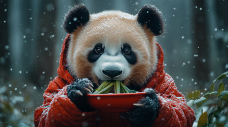 A giant panda is seen among vibrant golden leaves in a tranquil forest. The animal gazes curiously, showing its distinct black and white fur as sunlight filters through the trees.の素材