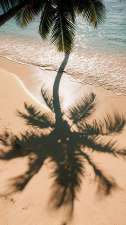 The shadow of a palm tree stretches across golden sand, capturing the beauty of a tranquil beach. Gentle waves lap the shore, creating a serene atmosphere as the sun sets.の素材
