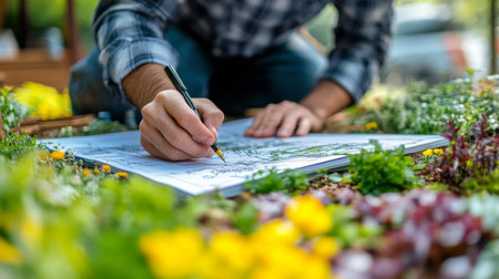 A person is illustrating garden plans on paper while surrounded by colorful flowers and lush greenery. This creative activity takes place during a sunny day.の素材