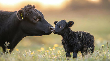 Two cows relax in a meadow filled with vibrant yellow flowers, basking in the warm glow of the setting sun, creating a peaceful rural atmosphere.の素材