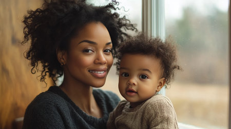 A mother holds her happy baby in her arms, sitting on a blanket amid blooming flowers. Sunlight filters through the trees, creating a serene atmosphere of warmth and love.の素材
