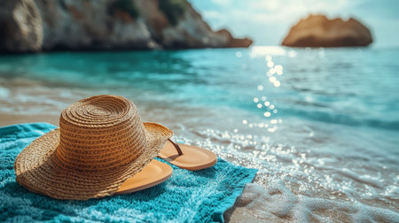 A cozy beach setting shows a straw hat and sandals resting on a blue towel near gentle waves. Sunlight sparkles on the water, creating a serene atmosphere.の素材