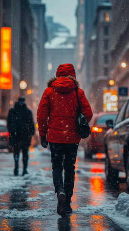 A person walks through a bustling street market on a rainy day, wearing a red jacket. Colorful lanterns and signs illuminate the scene, creating a lively atmosphere despite the weather.の素材