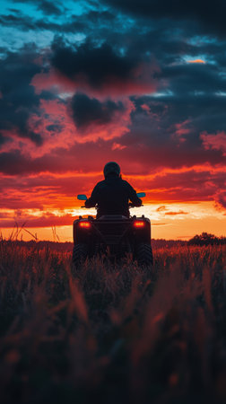 A person on an all-terrain vehicle enjoys a ride in an open field during sunset. The sky is filled with vibrant colors of orange, pink, and blue, creating a stunning backdrop.の素材