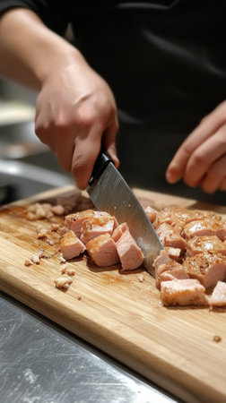A chef slices fresh cuts of raw meat on a wooden cutting board, ensuring precise and uniform cubes while preparing for a meal.の素材