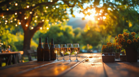 A sparkling drink sits gracefully in a glass beside fresh oranges and greenery on a beautifully arranged table during a sunset gathering. Soft light enhances the atmosphere.の素材