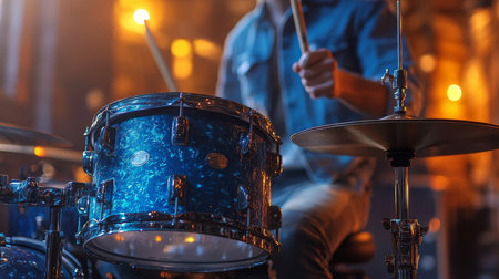 A drummer provides rhythmic beats in a lively music venue filled with warm lights and an energetic atmosphere. The setting features a close-up of the drum set as the musician plays.の素材