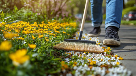 A person sweeps a stone pathway in a vibrant garden filled with blooming flowers. Sunlight illuminates the scene, highlighting the colorful plants and fallen petals.の素材