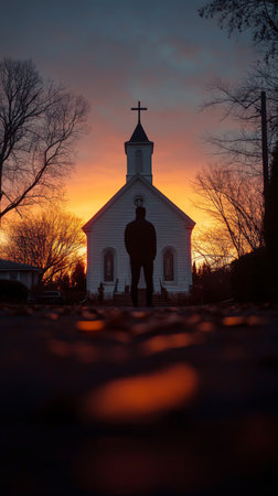 A person stands in silhouette in front of a quaint church as the sky transforms into a brilliant canvas of orange and purple hues during sunset. Sparse trees frame the scene.の素材