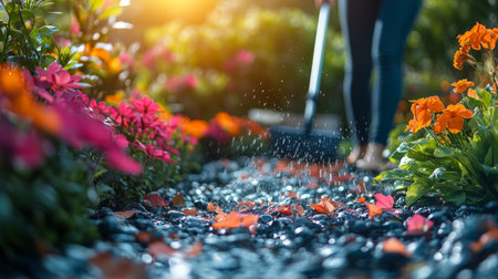 A gardener sweeps fallen leaves from a flower bed bursting with colorful blooms while the sun sets, casting a warm glow in the garden. The serene scene highlights natures beauty.の素材