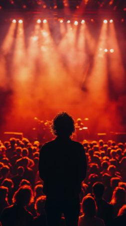 A large audience stands in anticipation as vibrant lights illuminate the stage during a live concert. The atmosphere is electric, filled with excitement and energy.の素材