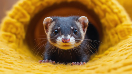 A cheerful ferret emerges from a vibrant yellow tube in a bright indoor environment. The animal looks curious and lively, showing its playful nature amidst a stimulating habitat.の素材
