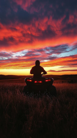A person on an all-terrain vehicle enjoys a ride in an open field during sunset. The sky is filled with vibrant colors of orange, pink, and blue, creating a stunning backdrop.の素材