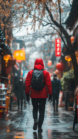 A person walks through a bustling street market on a rainy day, wearing a red jacket. Colorful lanterns and signs illuminate the scene, creating a lively atmosphere despite the weather.の素材